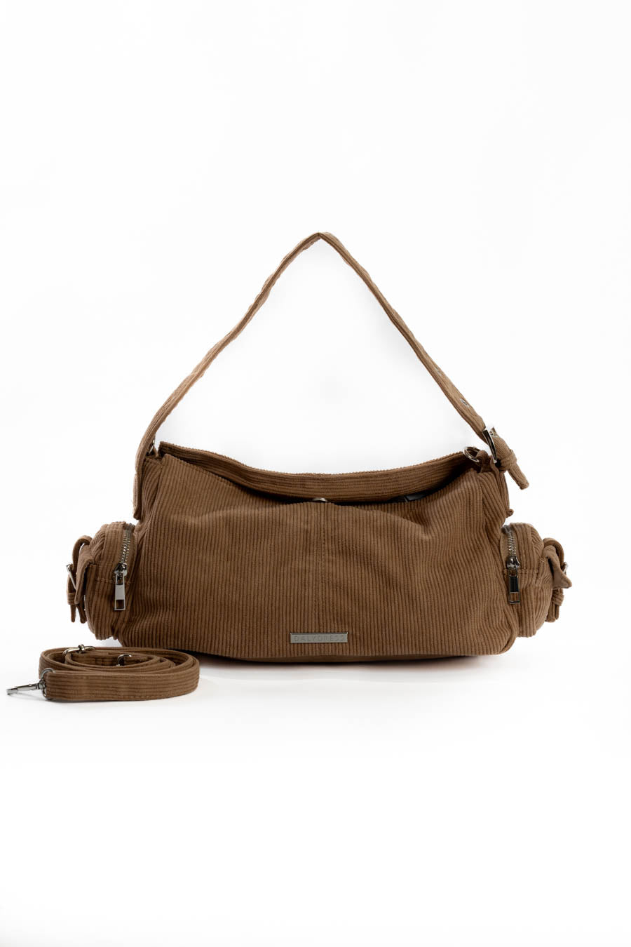 Suede Ribbed Shoulder-Bag with Side Zipped Pockets