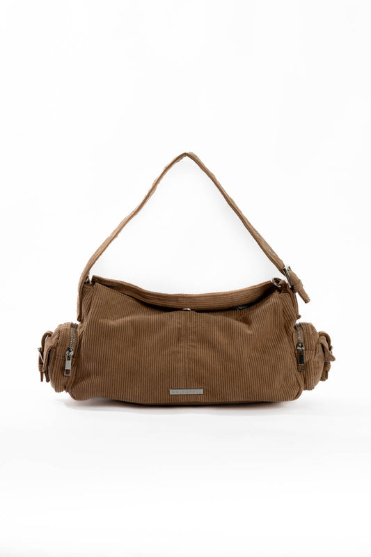 Suede Ribbed Shoulder-Bag with Side Zipped Pockets