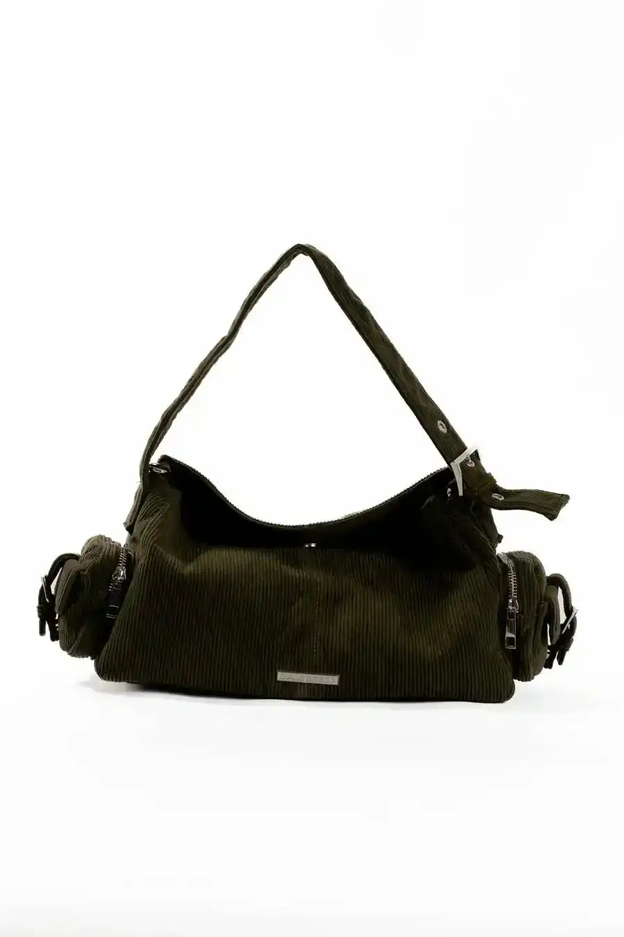 Suede Ribbed Shoulder-Bag with Side Zipped Pockets