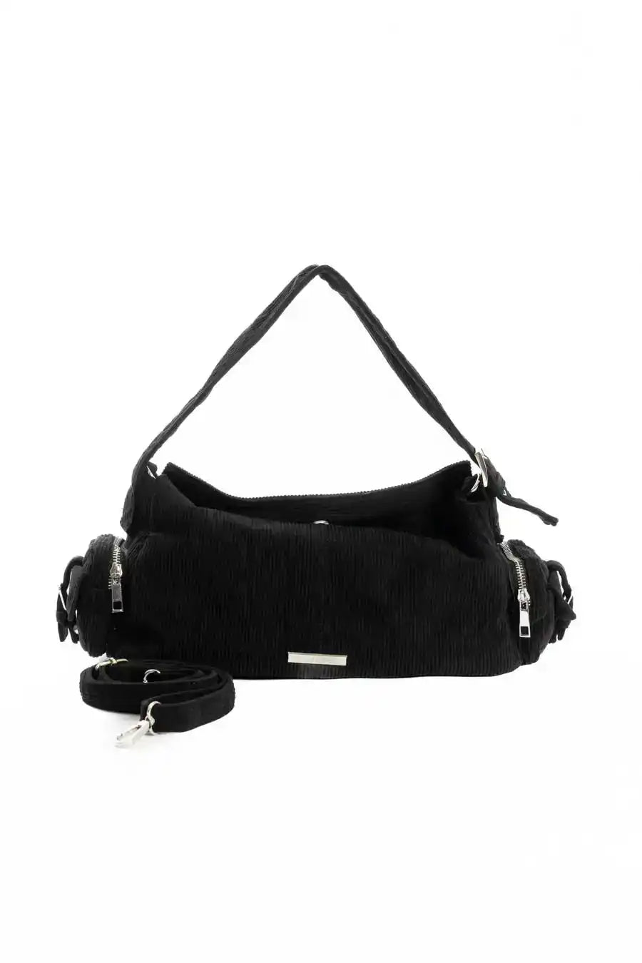 Suede Ribbed Shoulder-Bag with Side Zipped Pockets