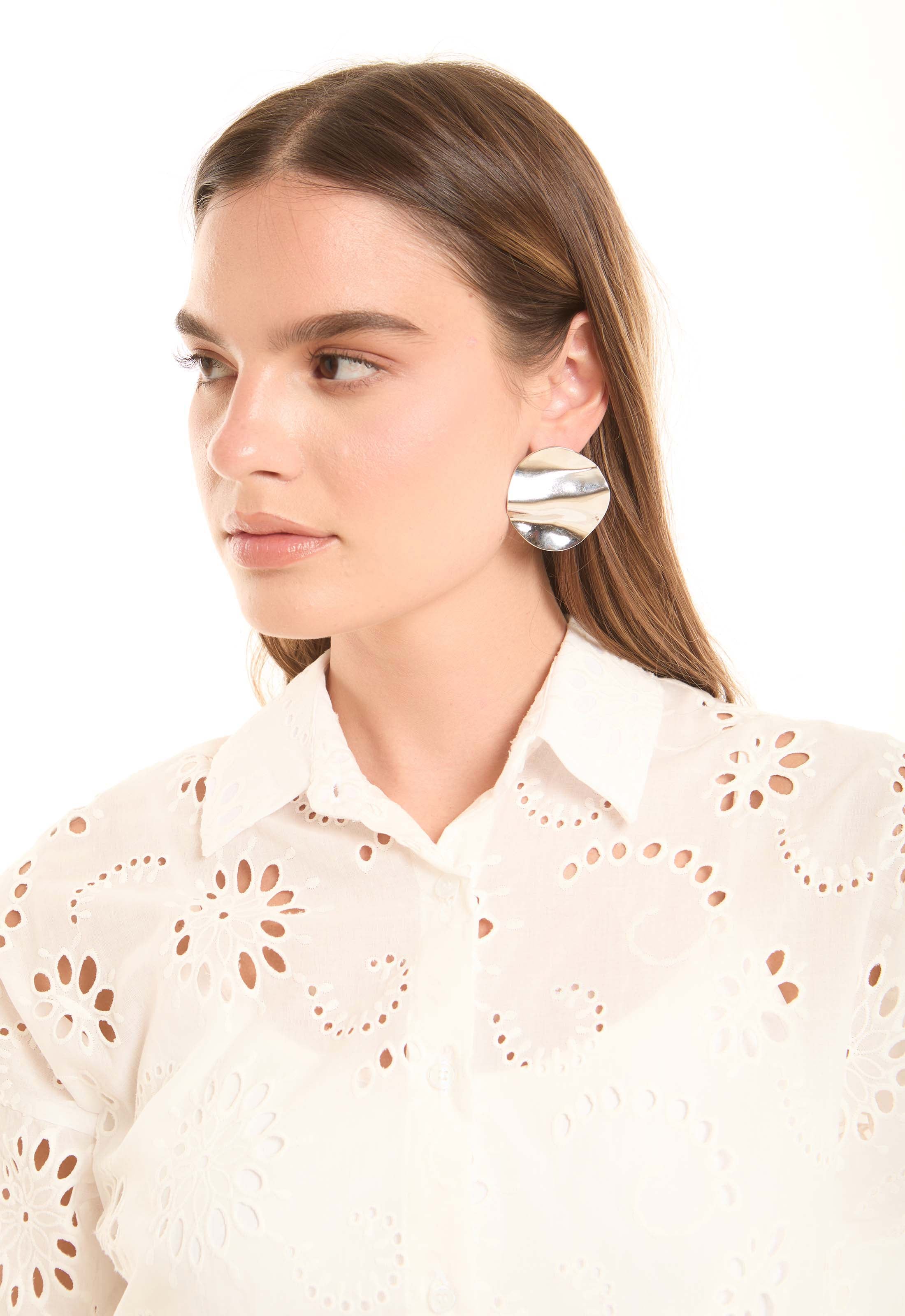 Silver Textured Round Stud Earrings