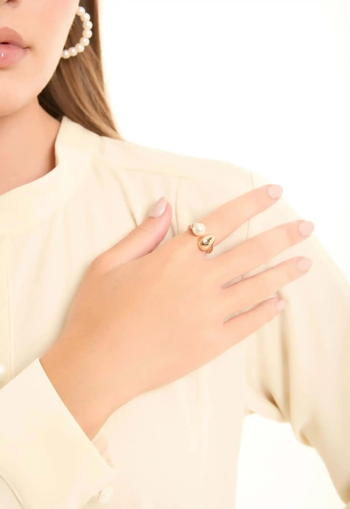 Dual Stud and Pearl Open Ring Design