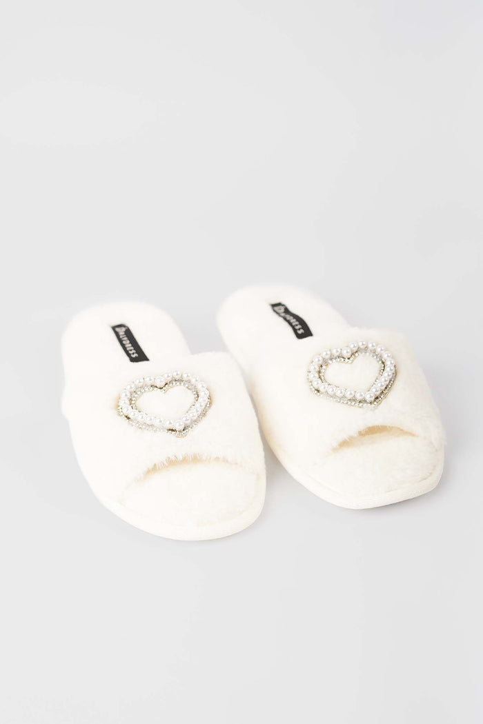 Pearl Heart Faux Fur Home Slippers