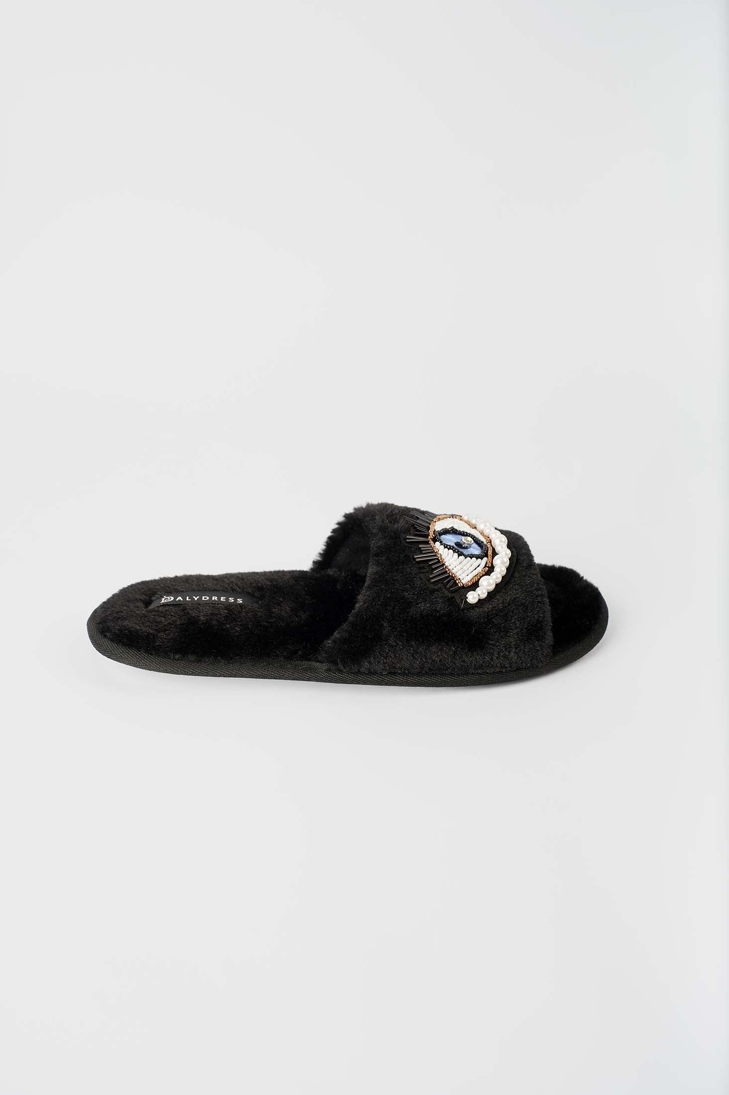 Beaded Eye Faux Fur Home Slippers