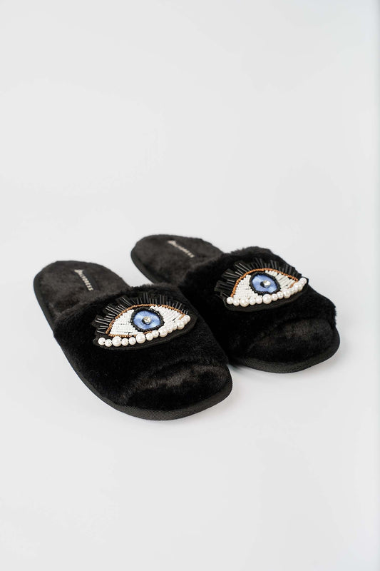 Beaded Eye Faux Fur Home Slippers