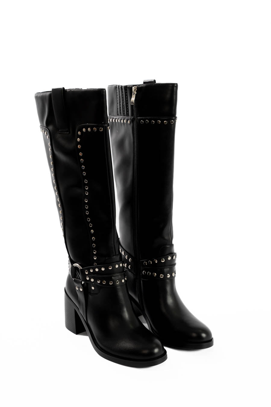 Studded Strap Knee High PU Boots