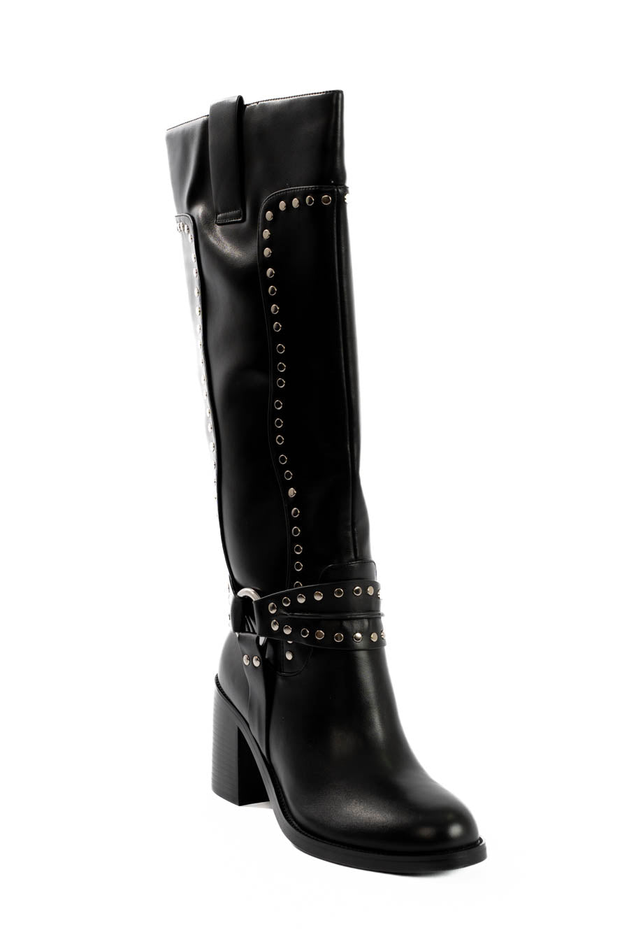 Studded Strap Knee High PU Boots