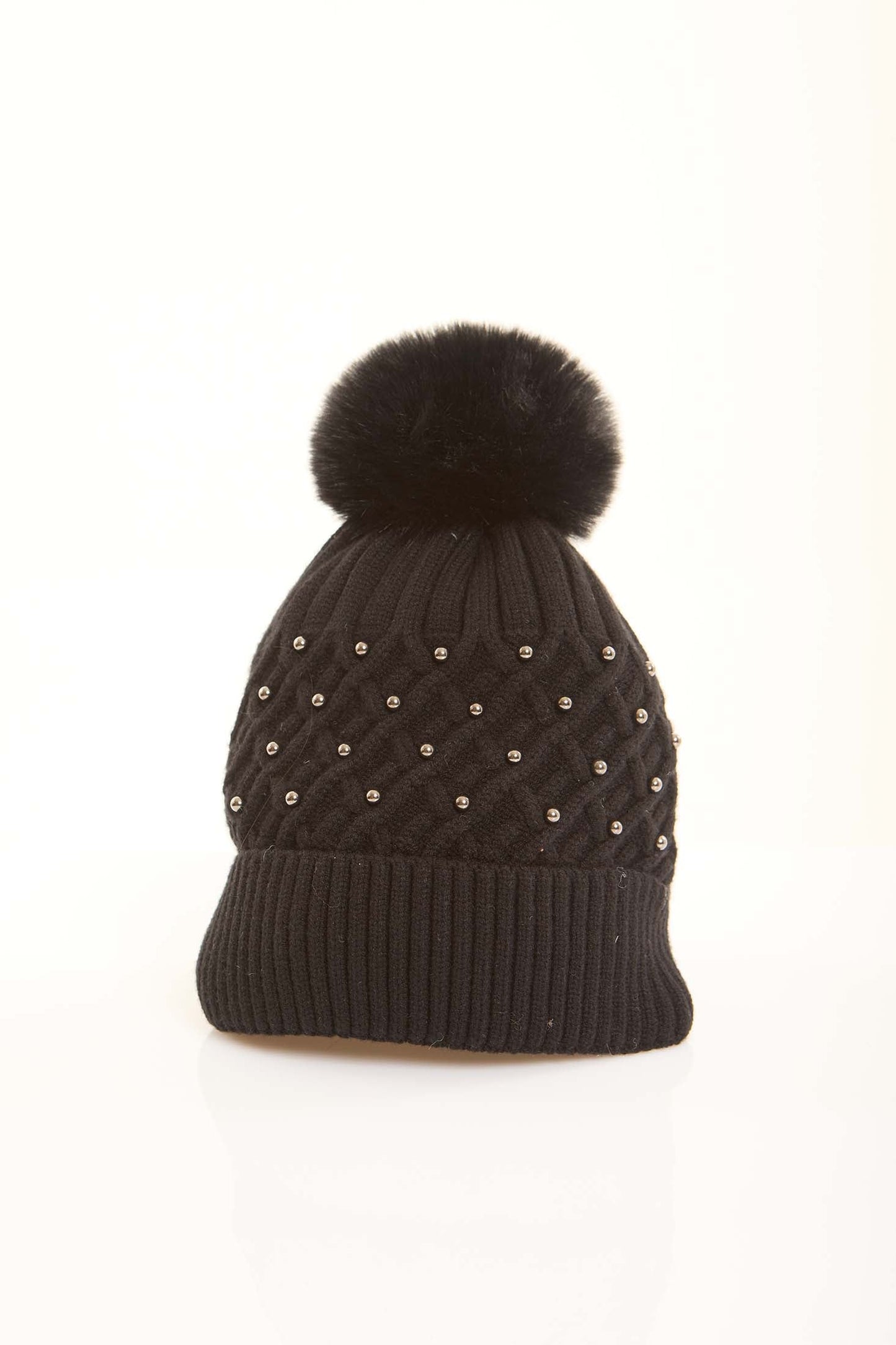 Pearl Embellished Knit Beanie with Pom Pom