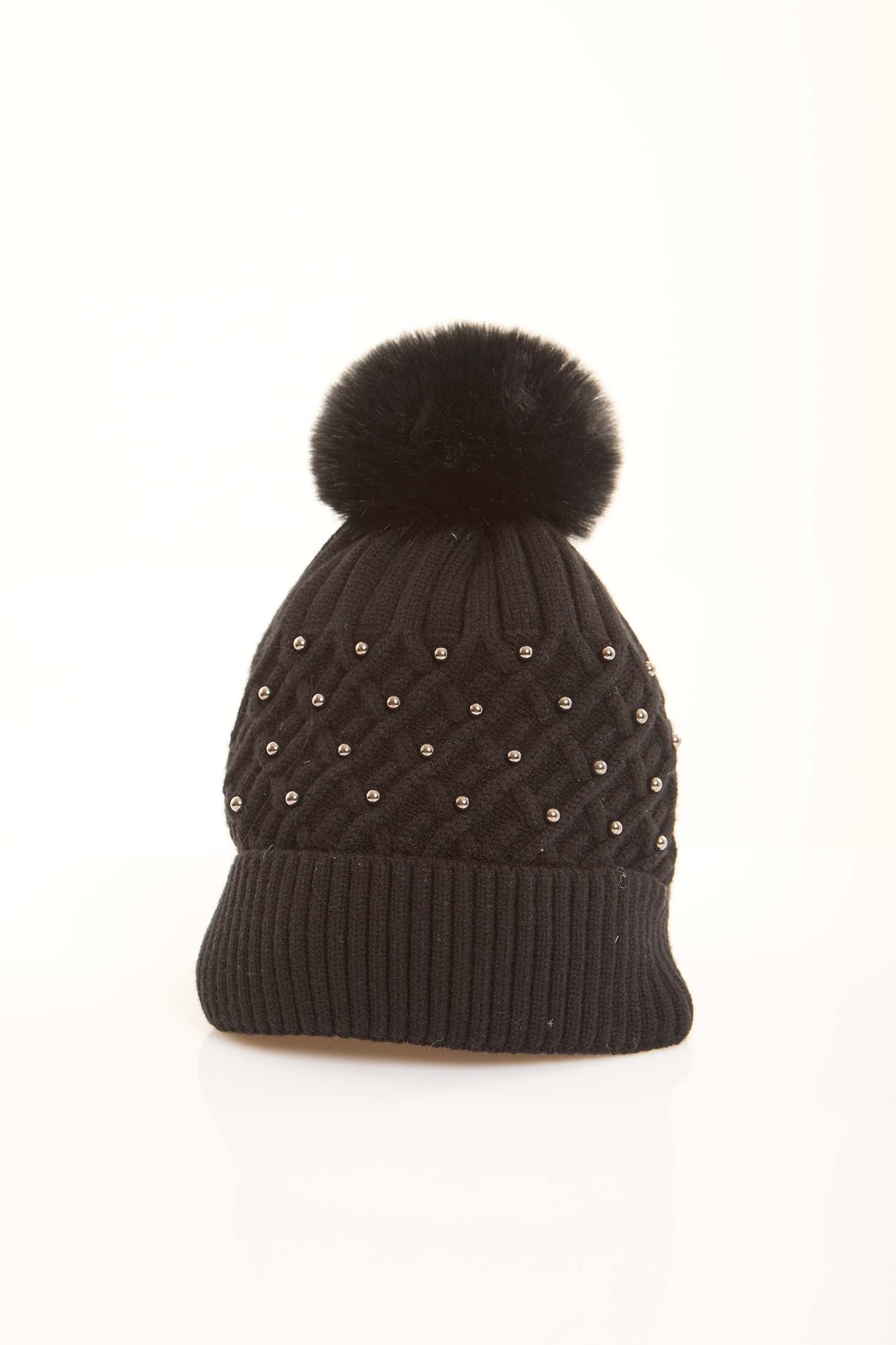 Pearl Embellished Knit Beanie with Pom Pom