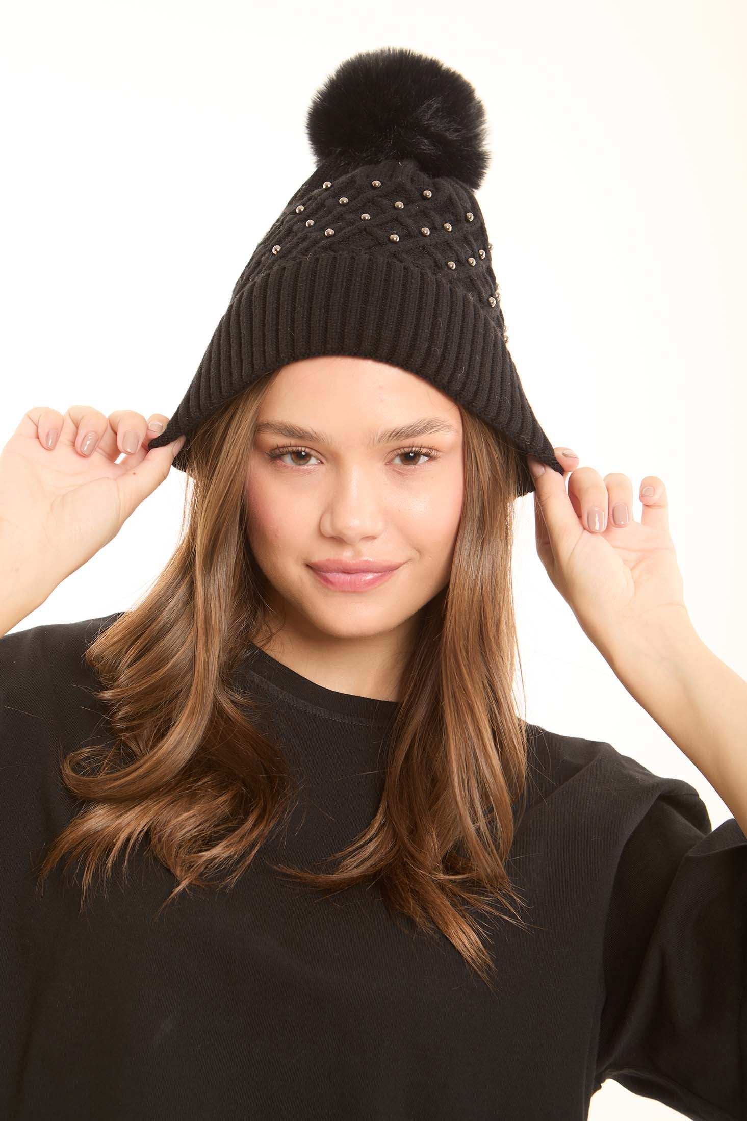 Pearl Embellished Knit Beanie with Pom Pom