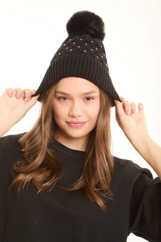 Pearl Embellished Knit Beanie with Pom Pom