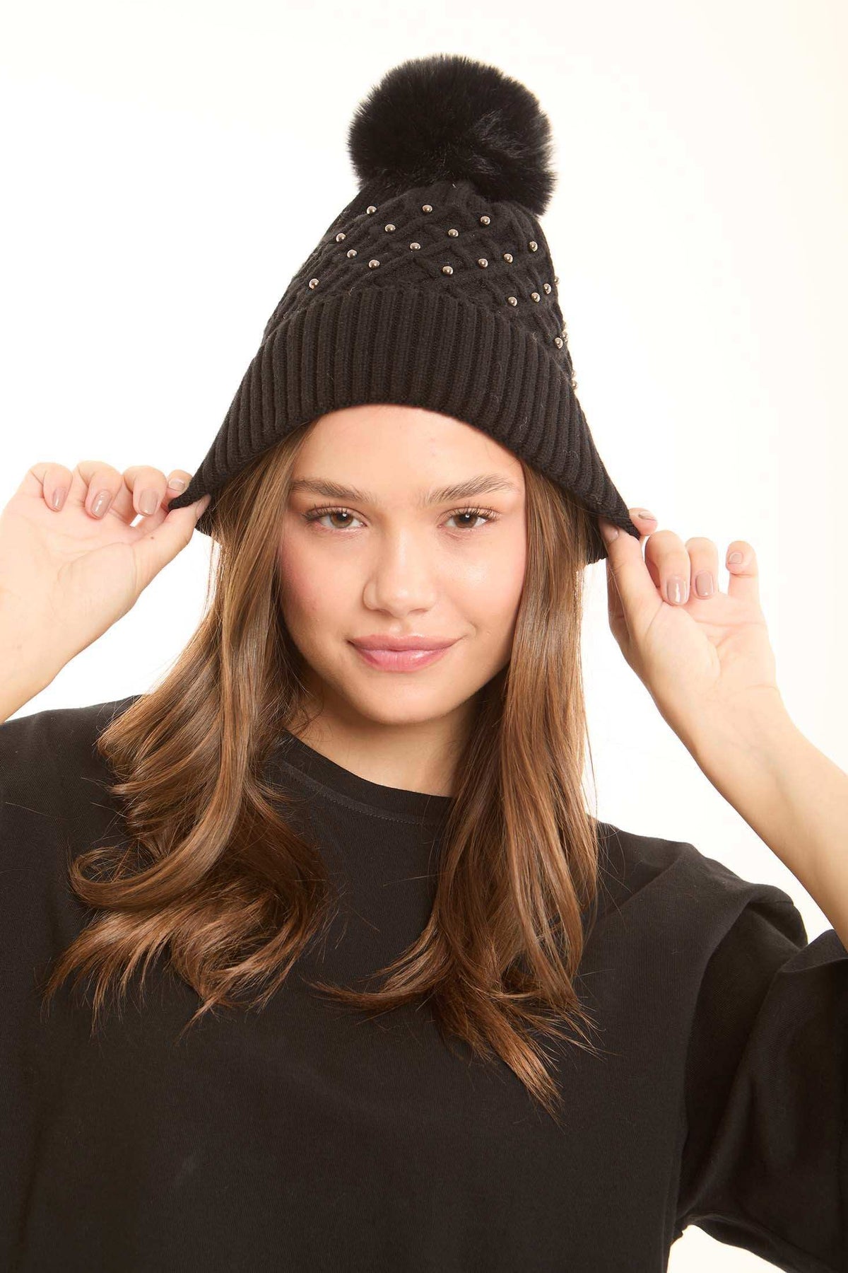 Pearl Embellished Knit Beanie with Pom Pom