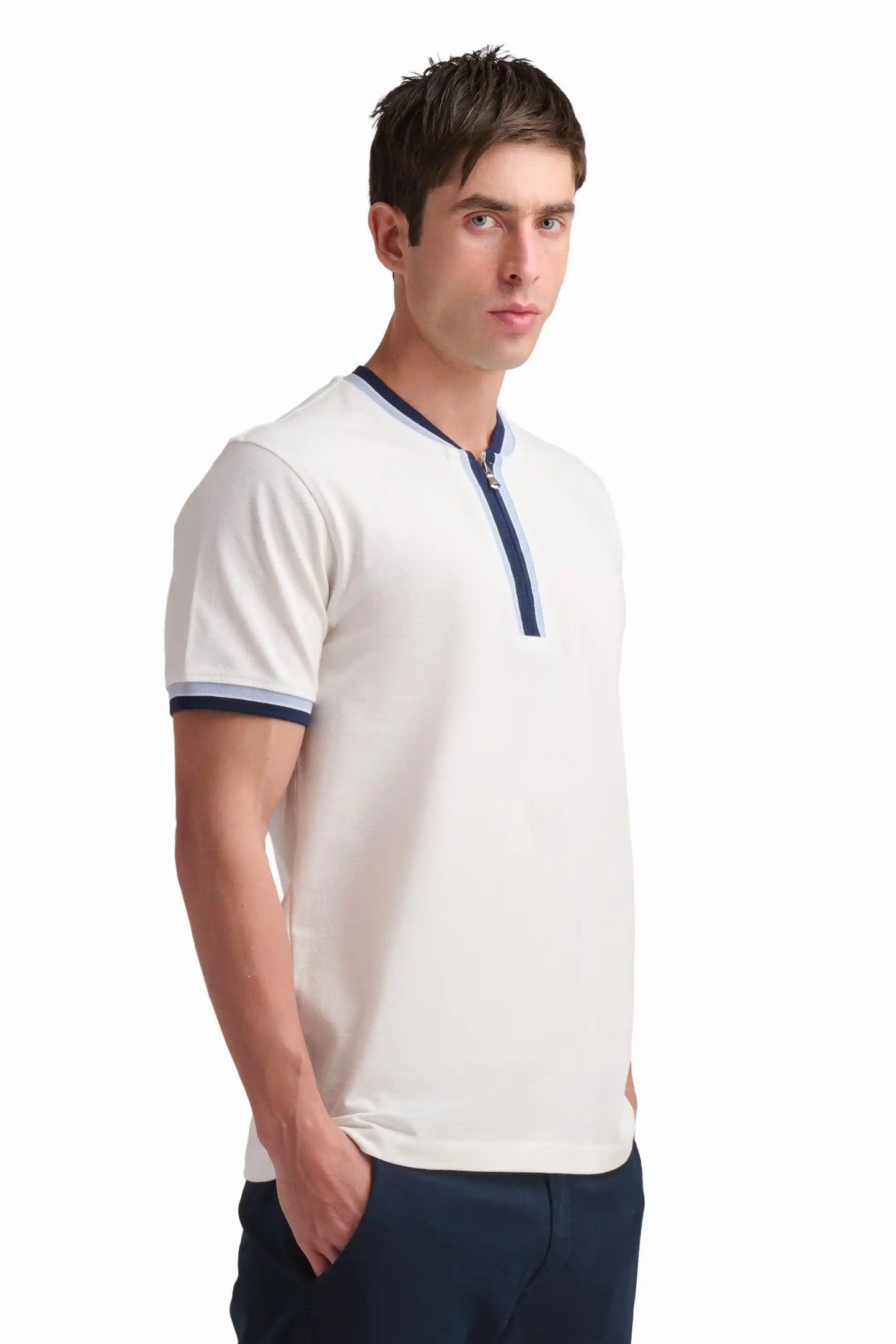 White Contrast Trim Cotton T-Shirt