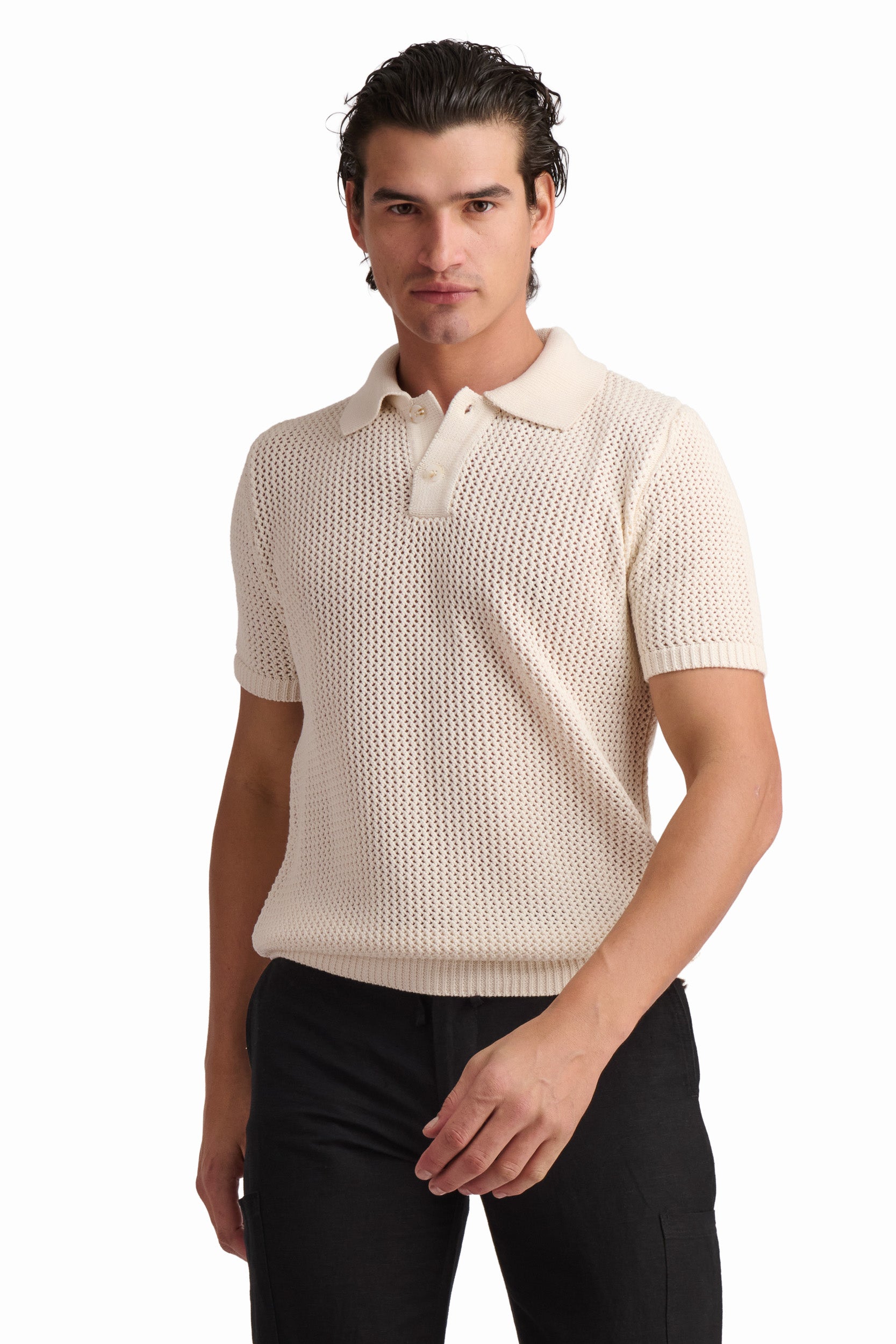 Men’s Grey Melange Textured Knit Polo
