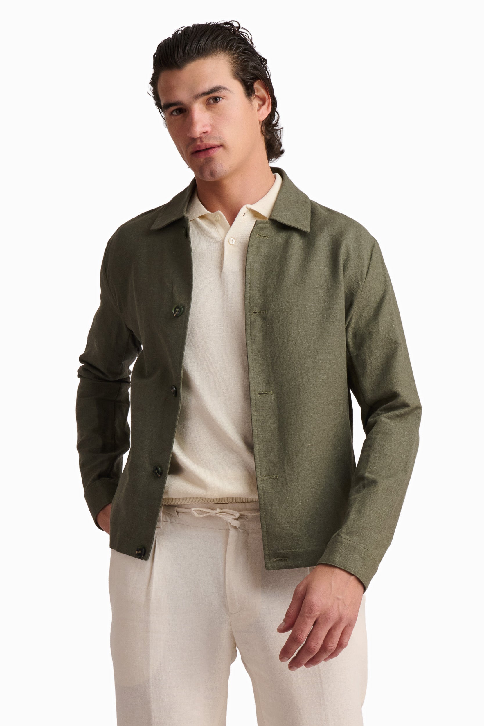 Olive Linen-Blend Overshirt