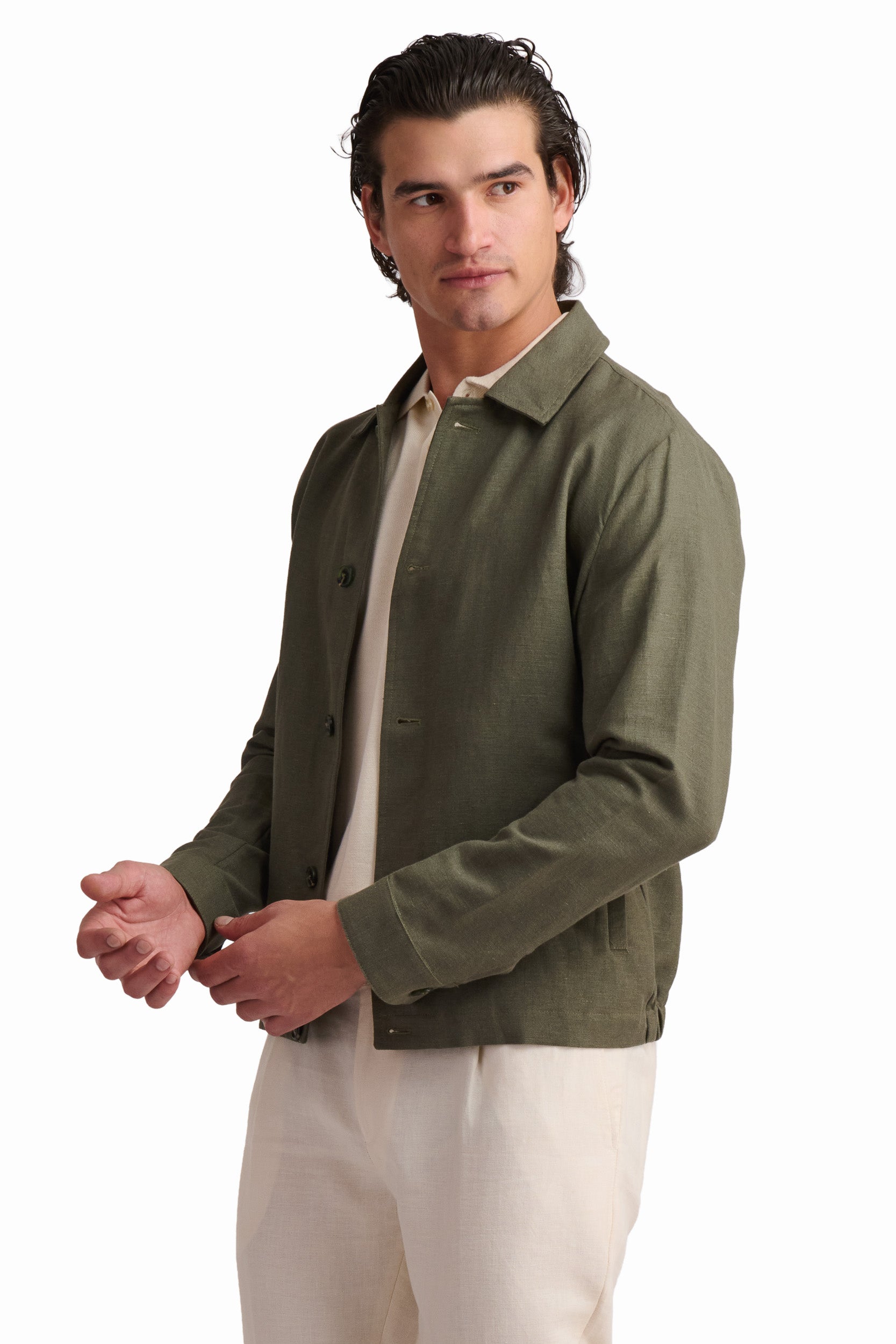 Olive Linen-Blend Overshirt