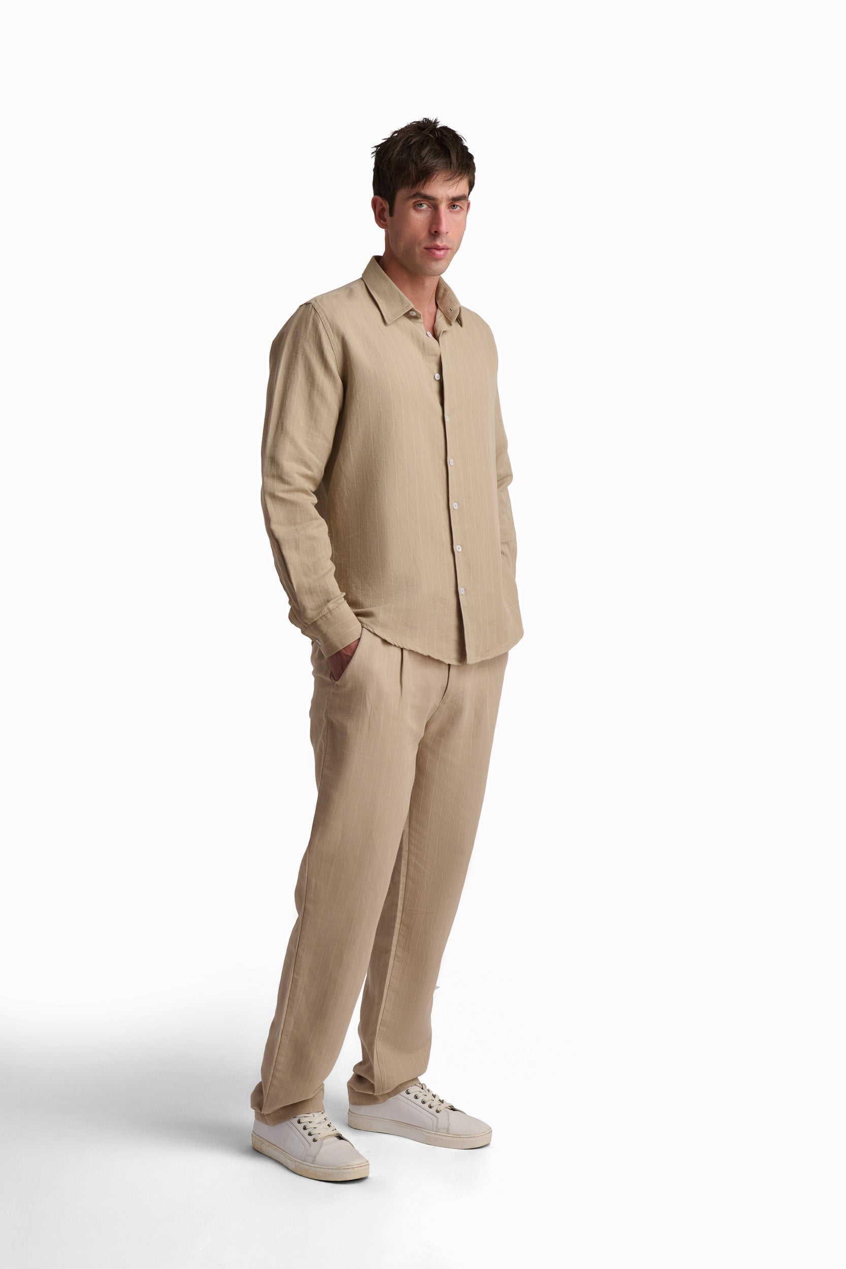 Textured Beige Straight-Leg Trousers
