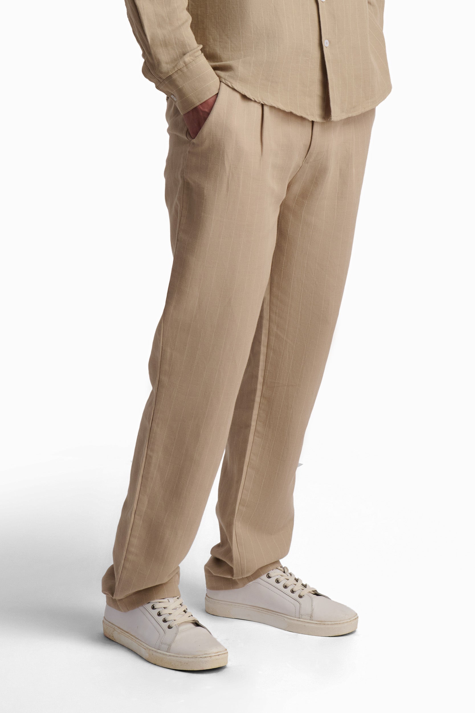 Textured Beige Straight-Leg Trousers