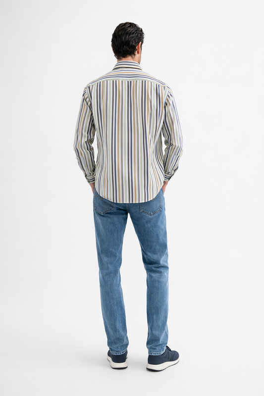 قميص مخطط من الكتان والقطن