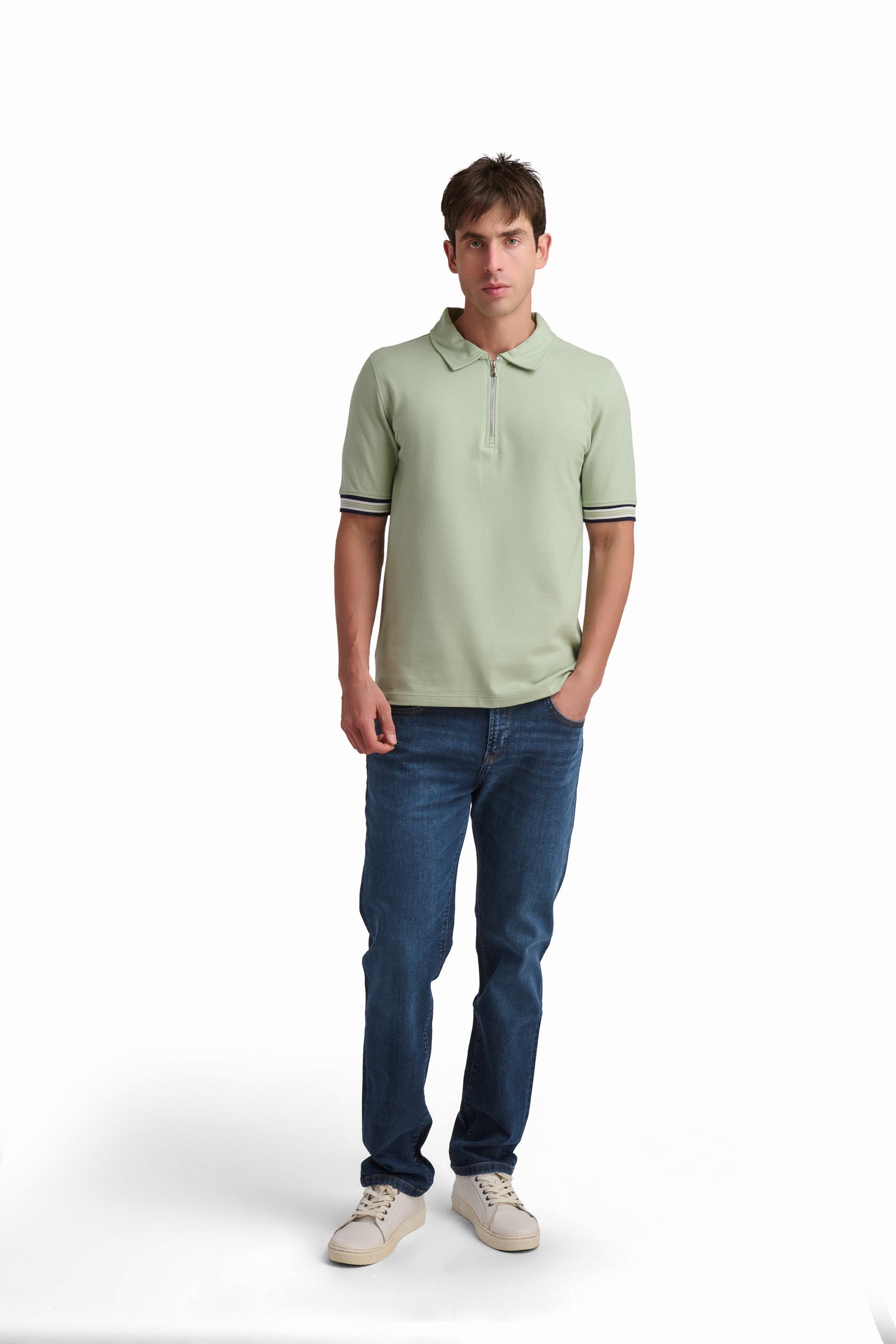 Men’s Sage Zip-Neck Cotton Polo Shirt