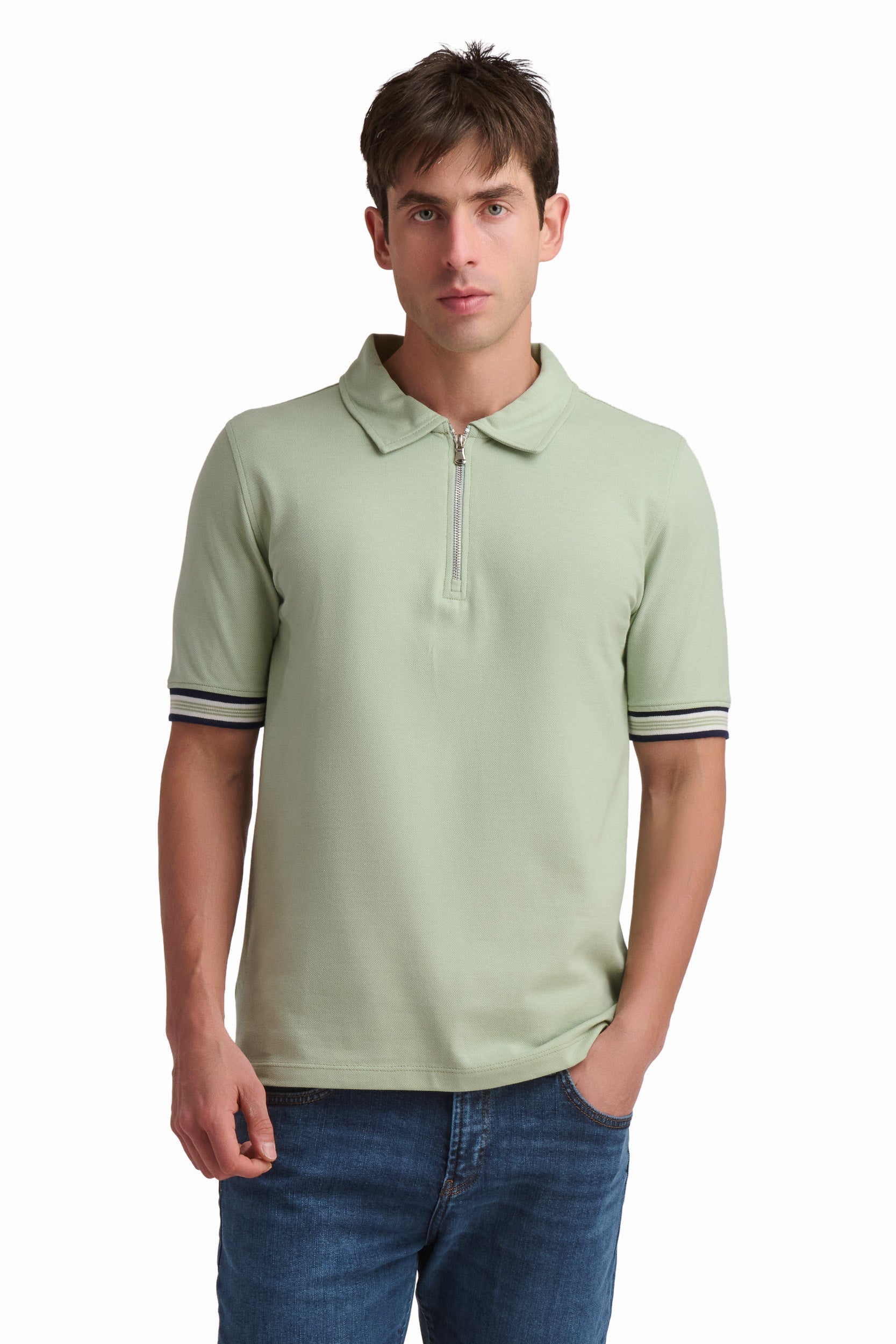 Men’s Sage Zip-Neck Cotton Polo Shirt