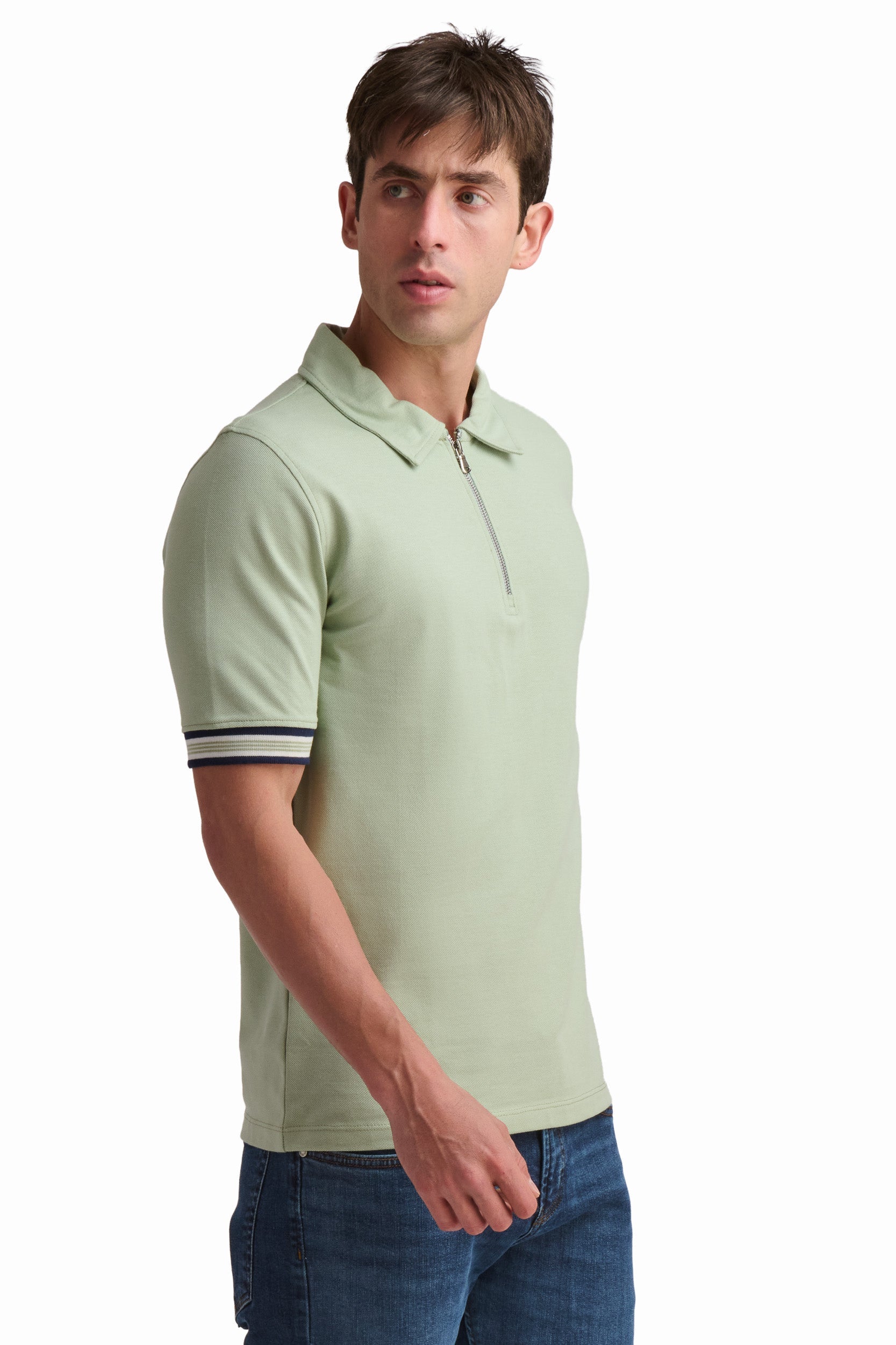Men’s Sage Zip-Neck Cotton Polo Shirt