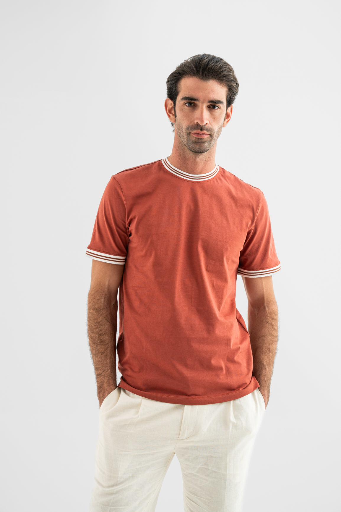 Rust Contrast-Trim Cotton T-Shirt