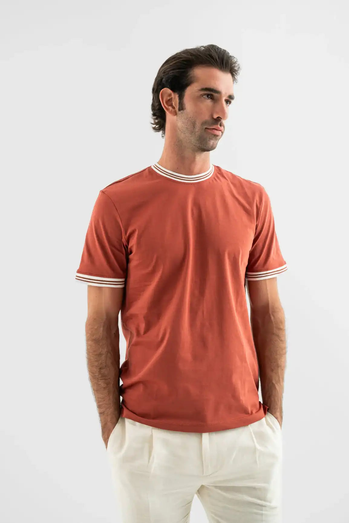 Rust Contrast-Trim Cotton T-Shirt