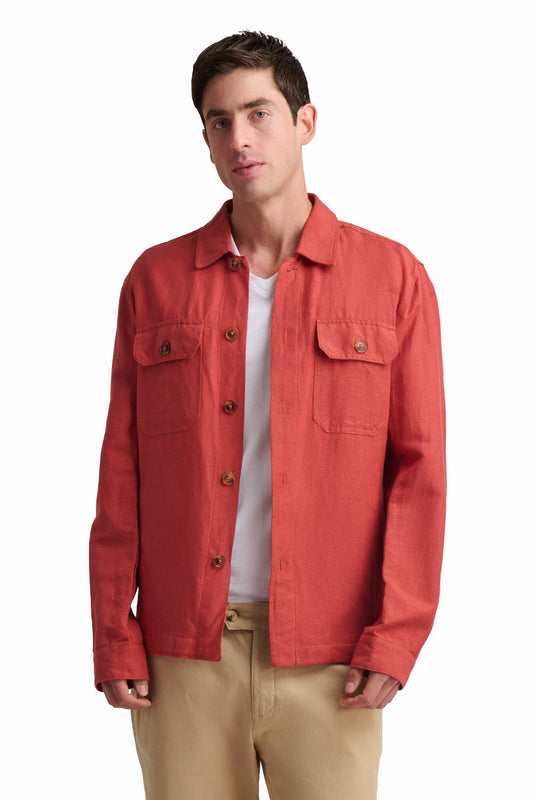 Rust Linen-Blend Utility Shirt Jacket