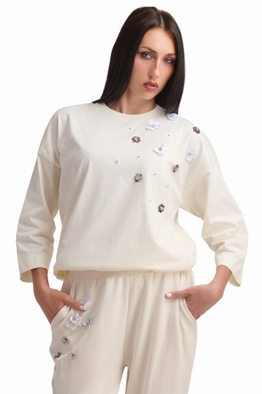 Cream Embellished Cotton Top