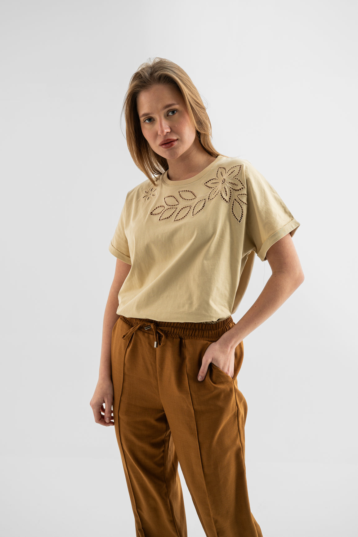 Cotton Jersey Top with Intricate Shoulder Embroidery