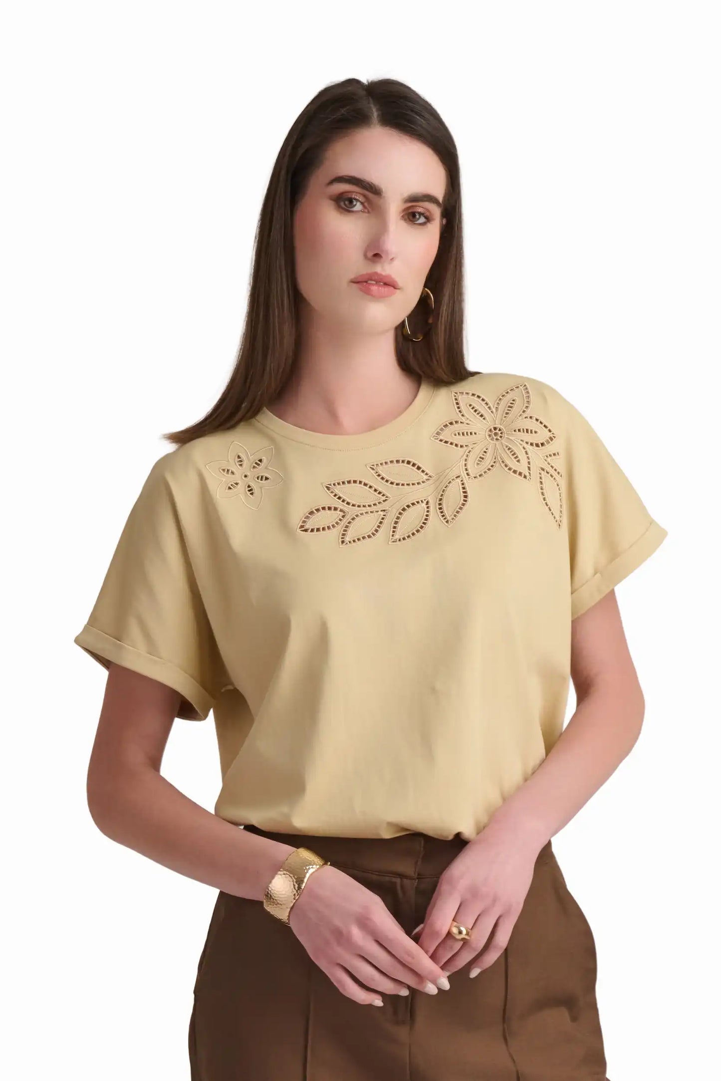 Mocha T-Shirt with Cutwork Detail