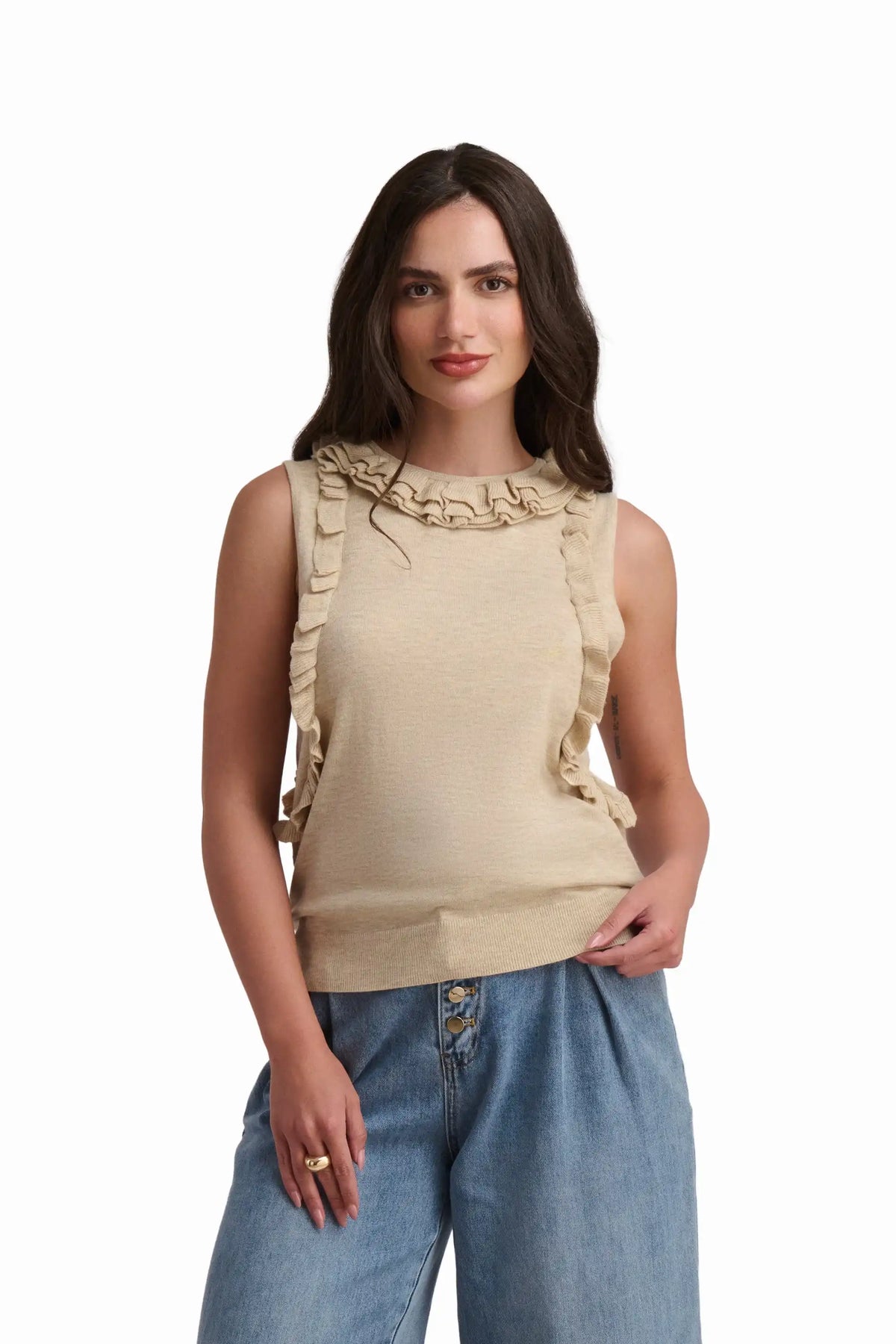 Beige Knit Top with Ruffle Detail