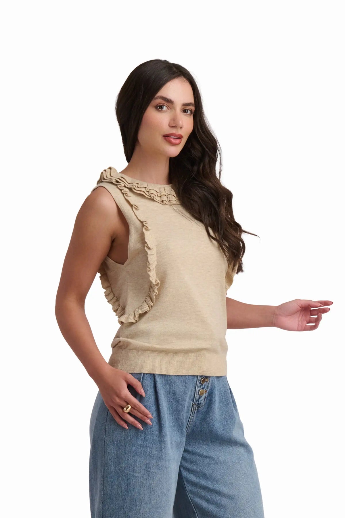 Beige Knit Top with Ruffle Detail