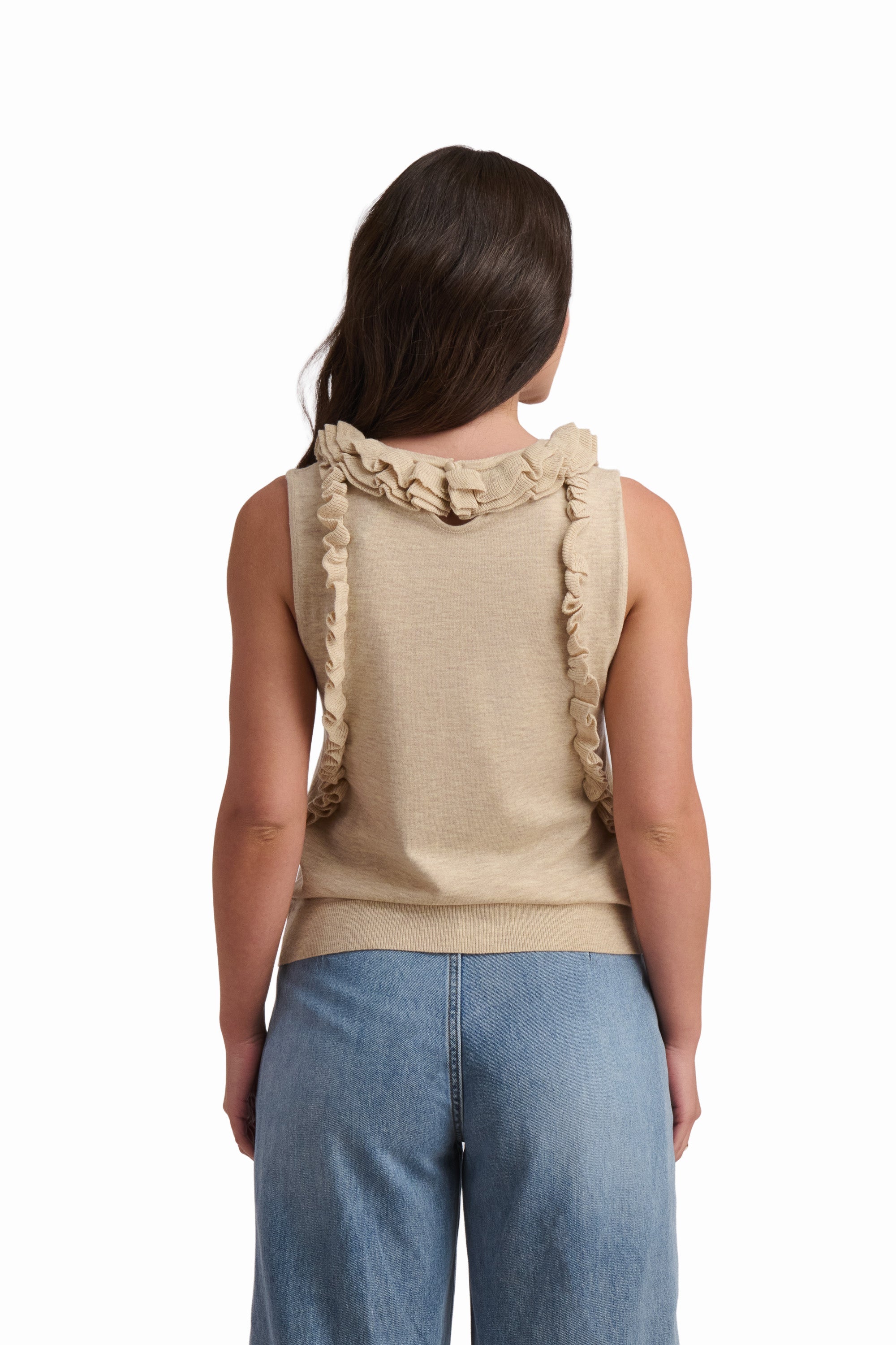 Beige Knit Top with Ruffle Detail