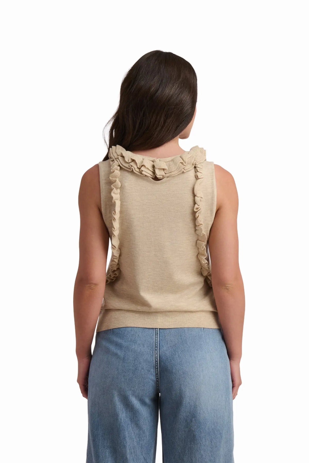 Beige Knit Top with Ruffle Detail