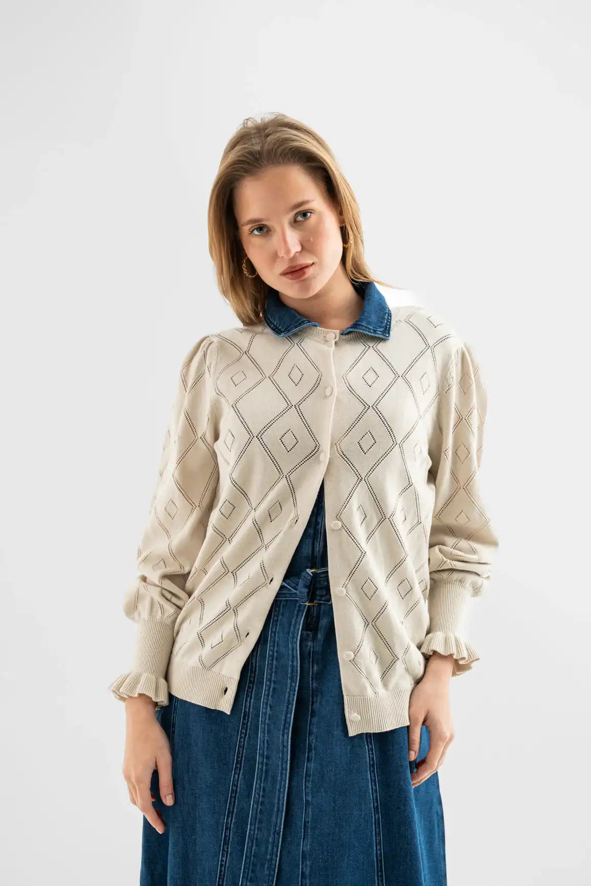 Ivory Diamond Knit Cotton Cardigan