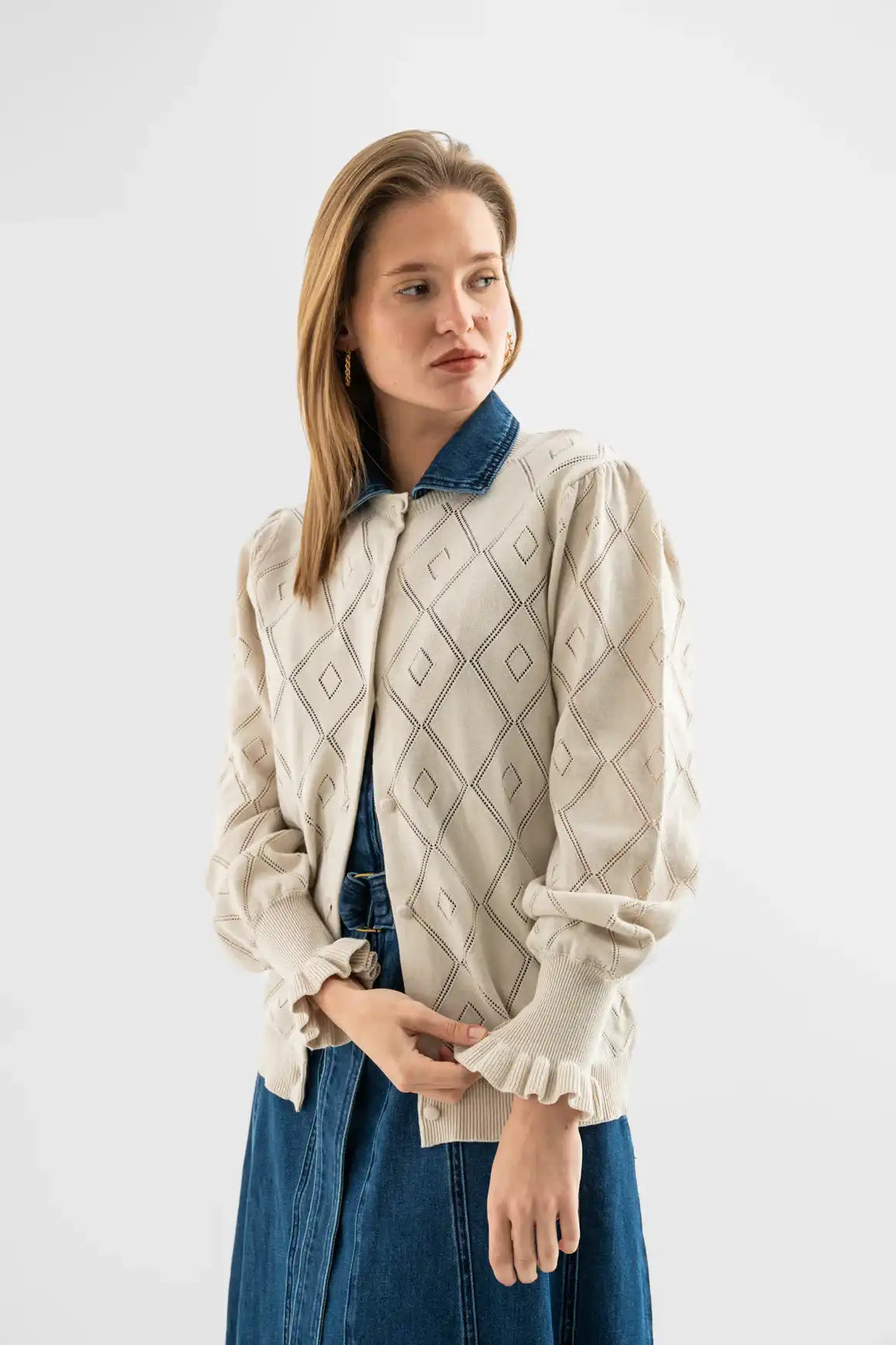 Ivory Diamond Knit Cotton Cardigan