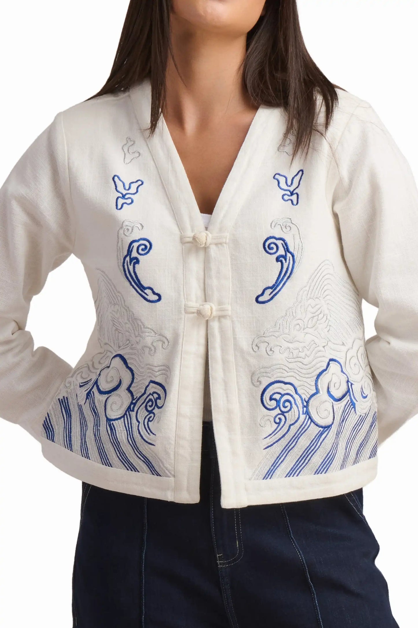 Ocean Whisper Embroidered Cotton Jacket