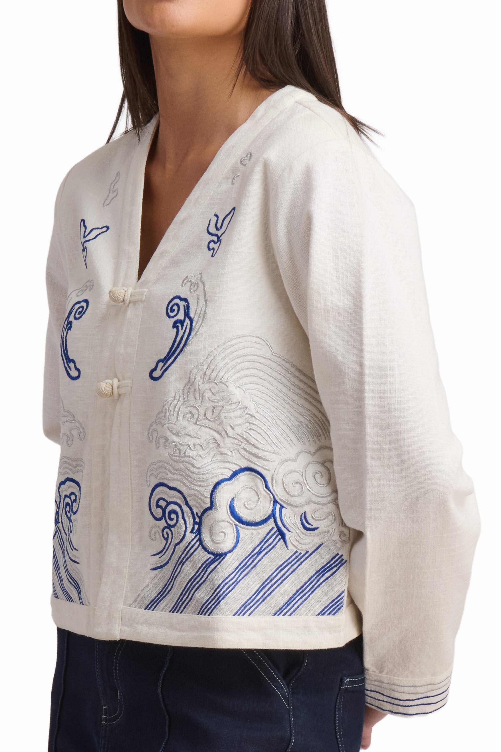 Ocean Whisper Embroidered Cotton Jacket