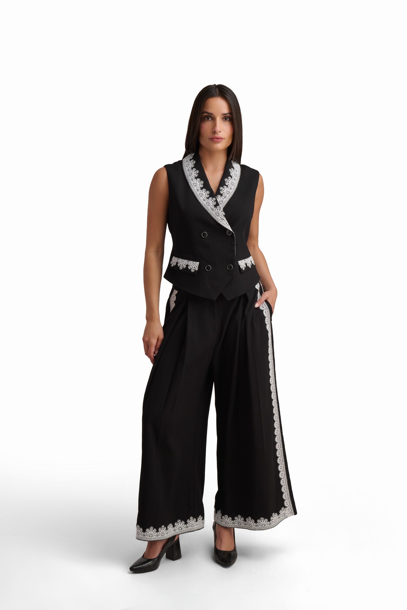 Tailored Vest with Contrast Embellished Collar
