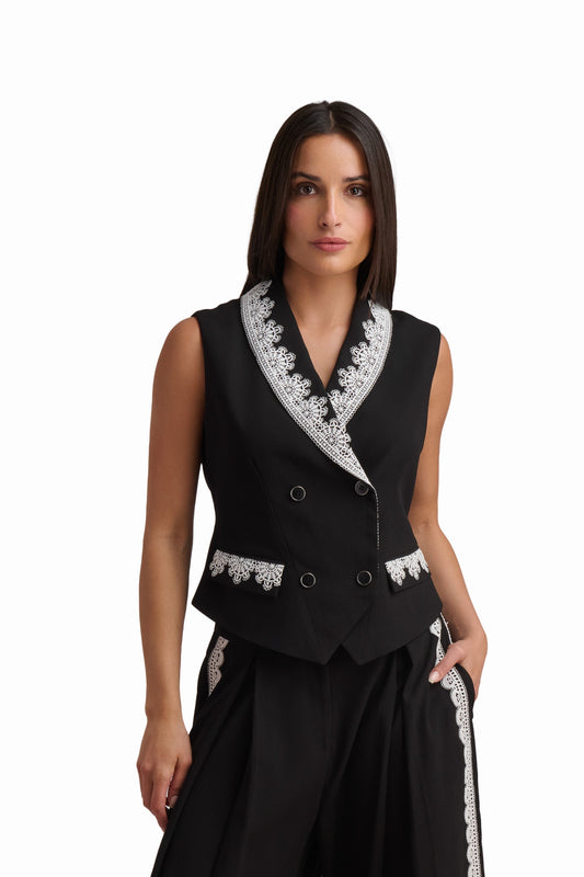 Tailored Vest with Contrast Embellished Collar