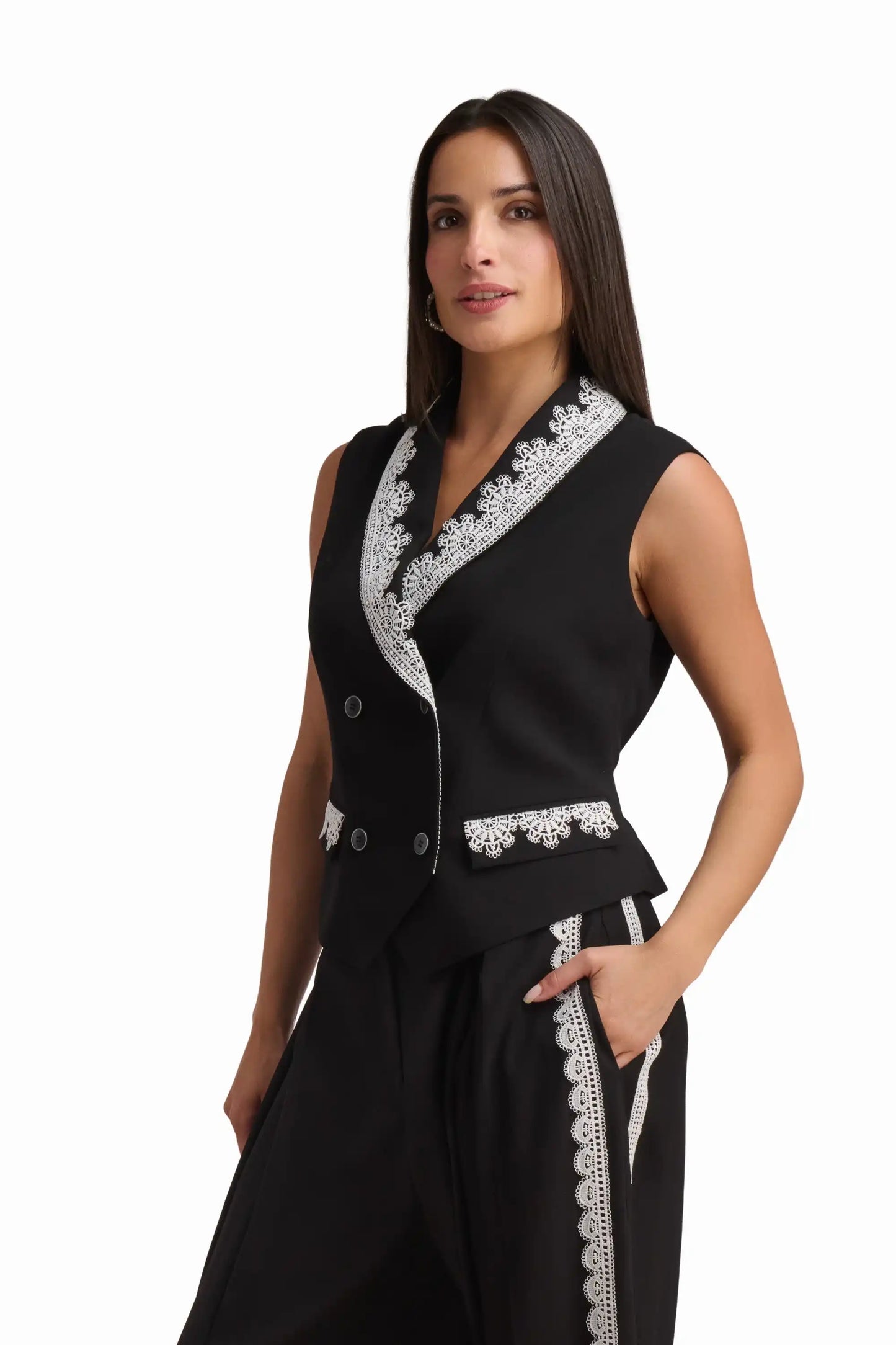 Tailored Vest with Contrast Embellished Collar