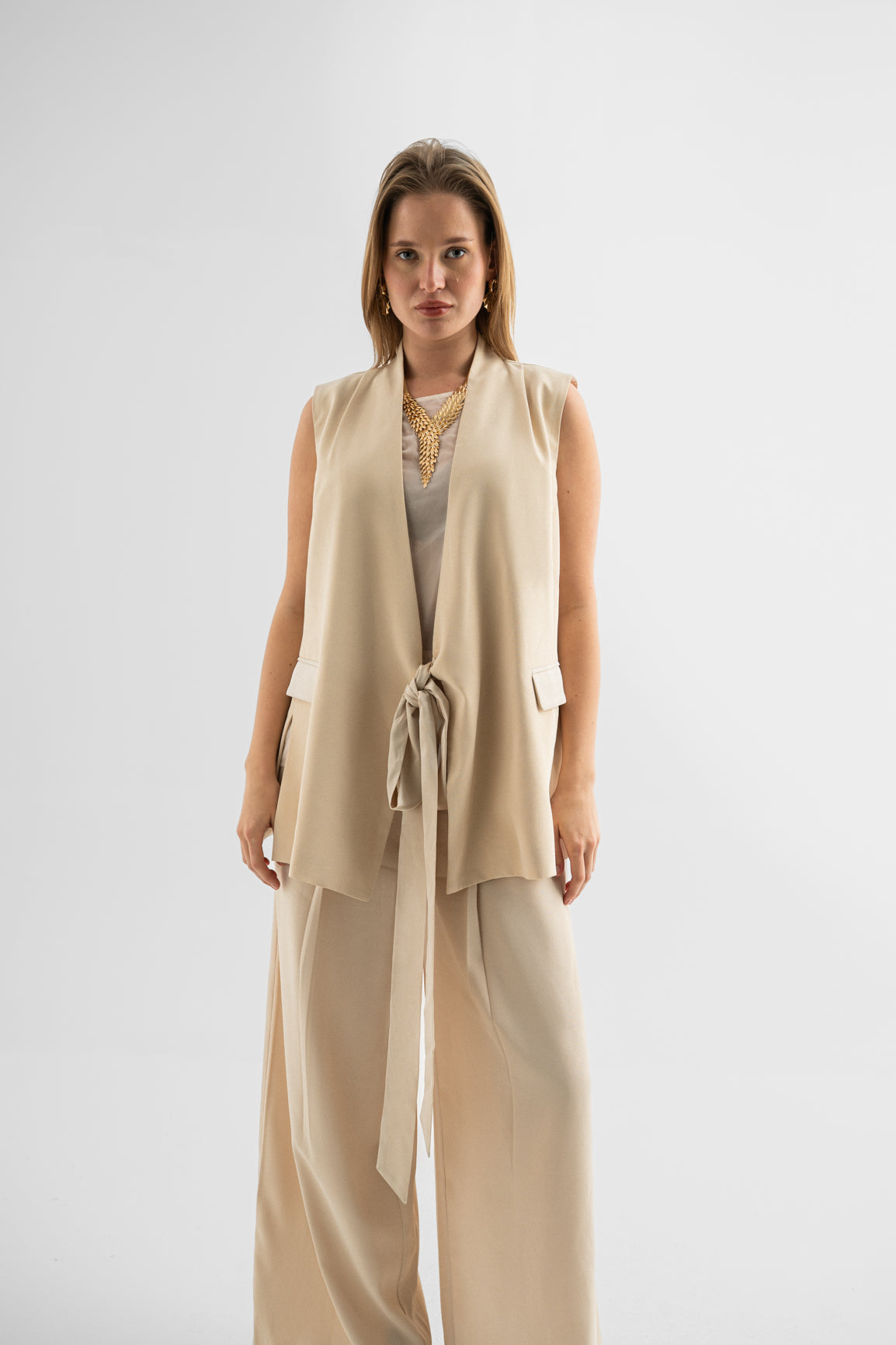 Beige Tie-Front Vest