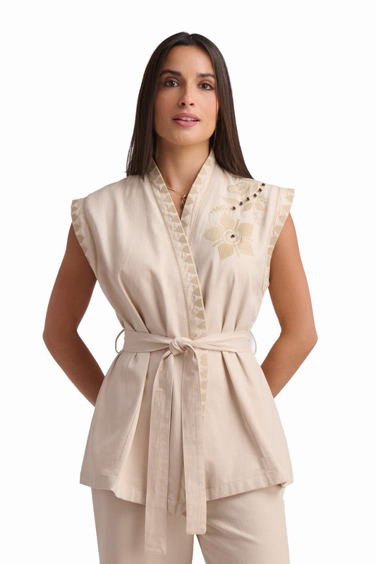 Beige Embroidered Sleeveless Vest