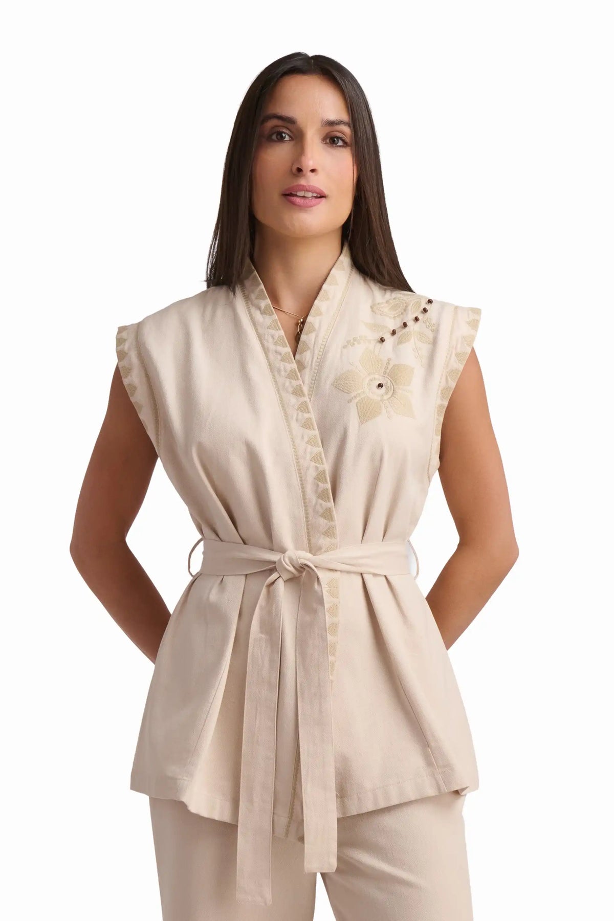 Beige Embroidered Sleeveless Vest