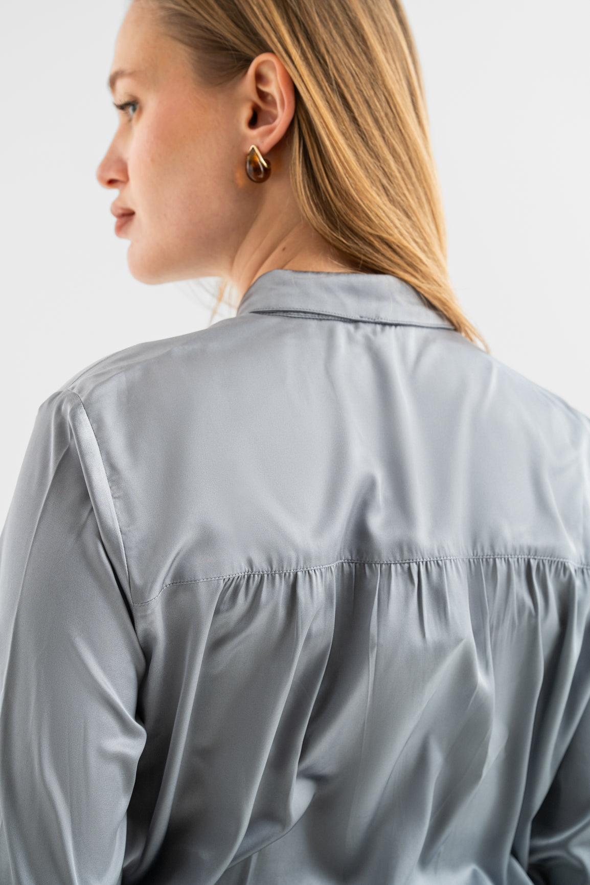 Bow-Neck Satin Shirt - Grey