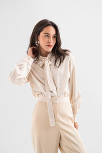 Bow-Neck Satin Shirt - Mocha