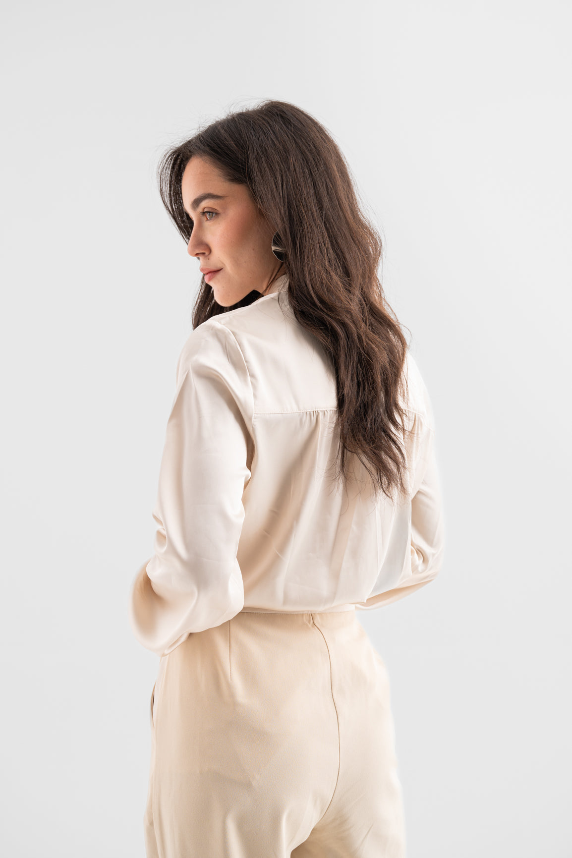 Bow-Neck Satin Shirt - Mocha