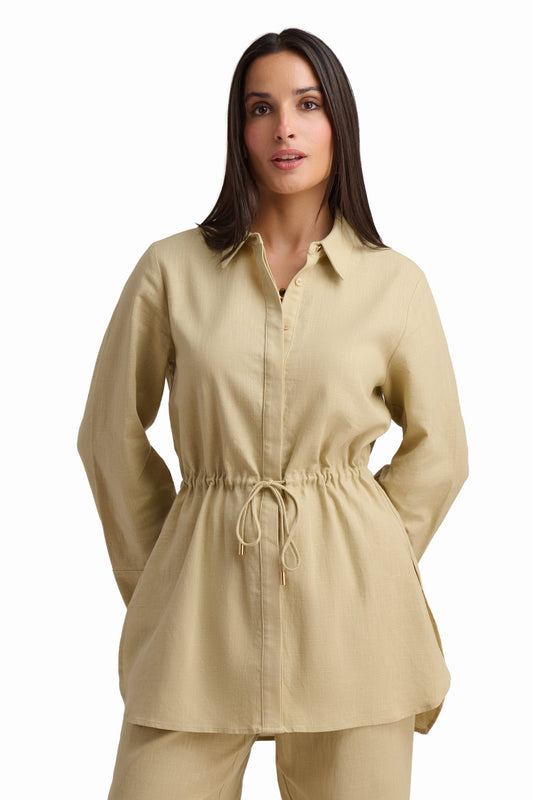 Beige Drawstring Waist Tunic Shirt